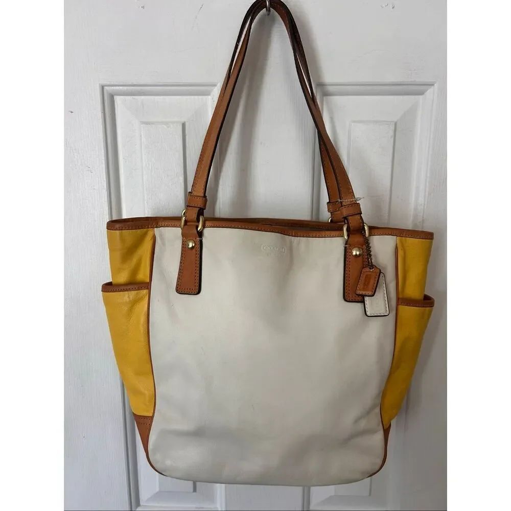 Coach Park Leather Color Block Tote Bag White & Yellow rare